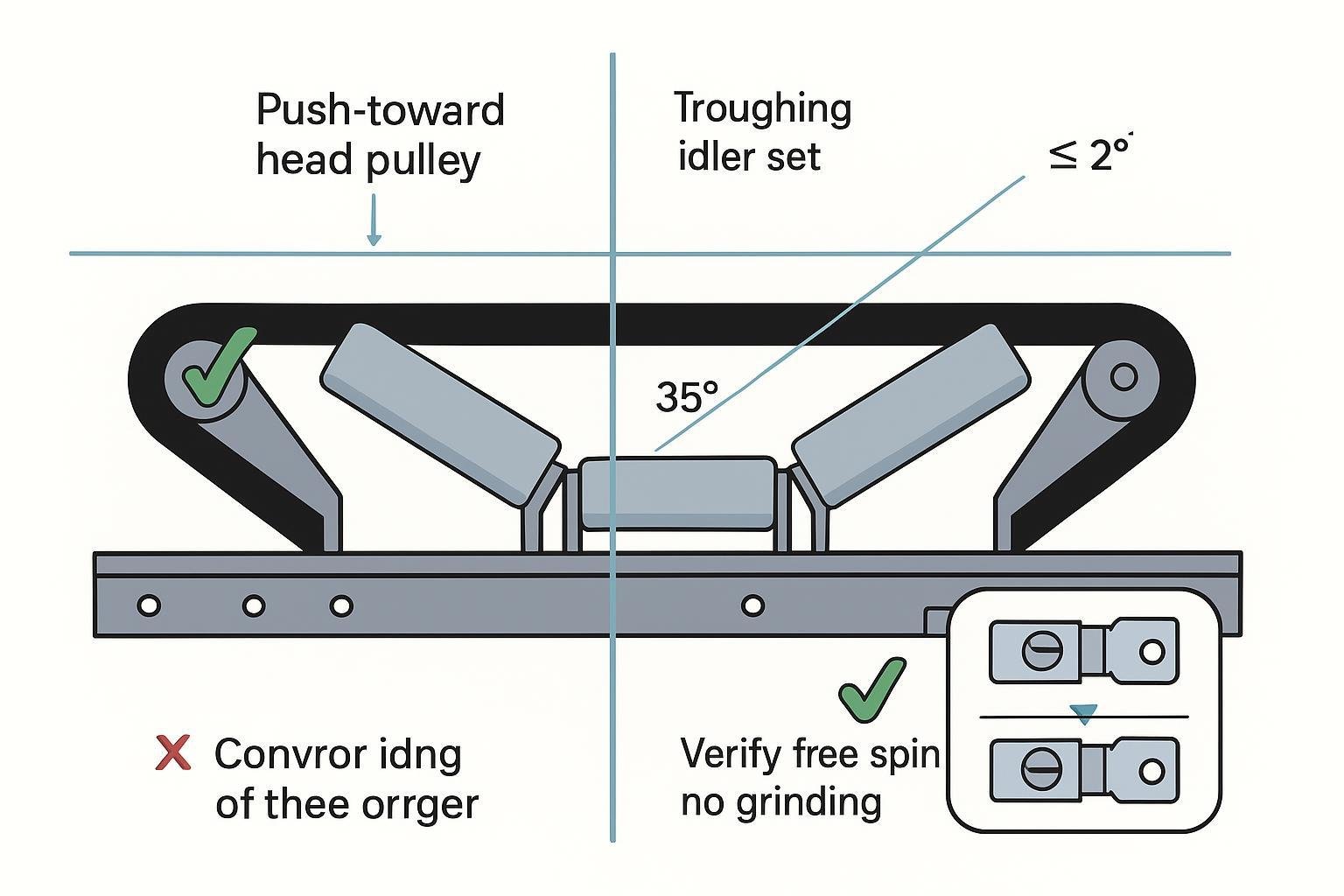 Diagram of proper troughing idler alignment: square to centerline, equal edge distances, and torque sequence