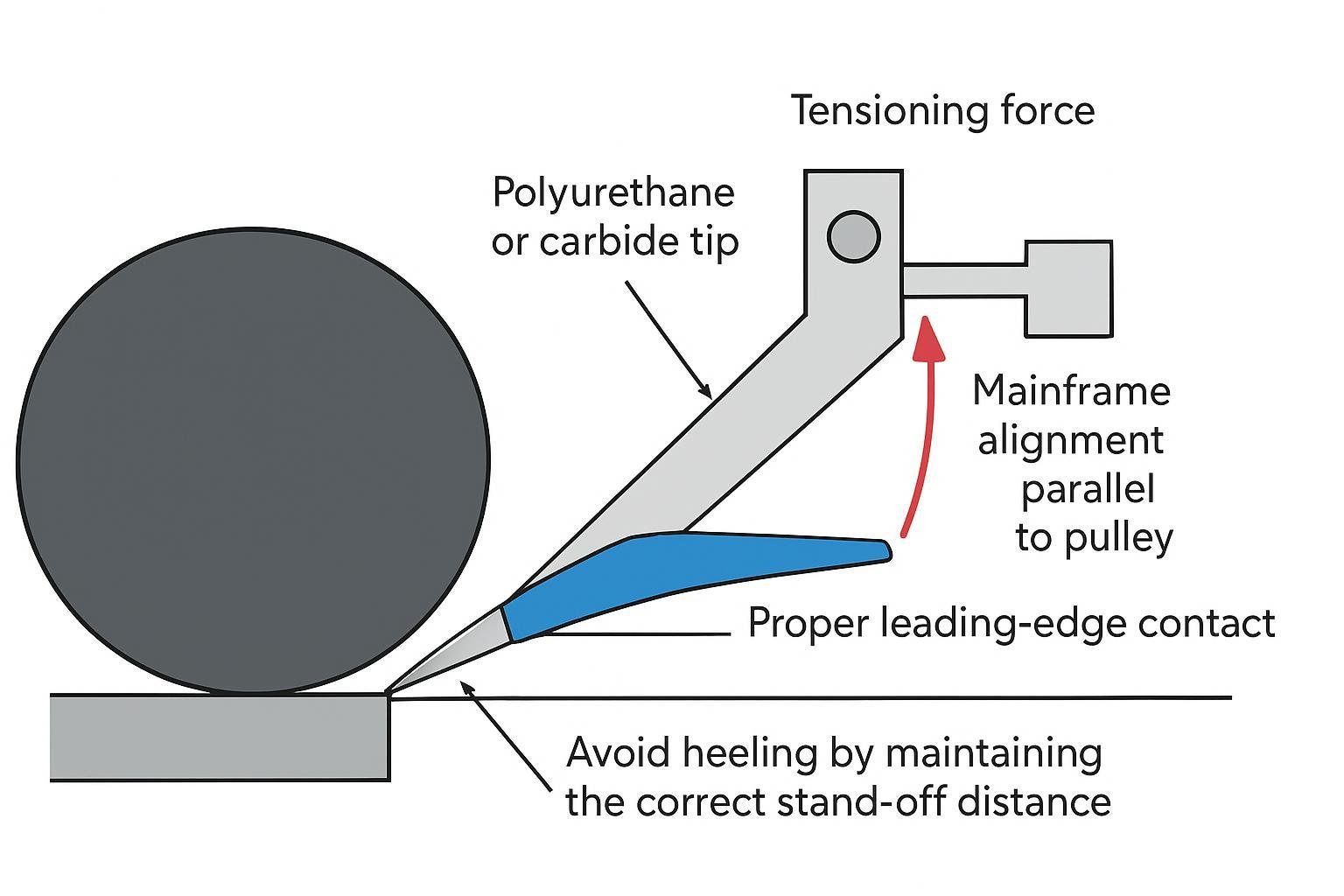 Cross-section showing correct belt cleaner blade angle, leading-edge contact, and tensioning direction