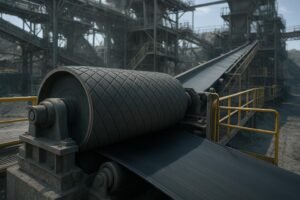 Head pulley and conveyor belt at a heavy-duty quarry conveyor system