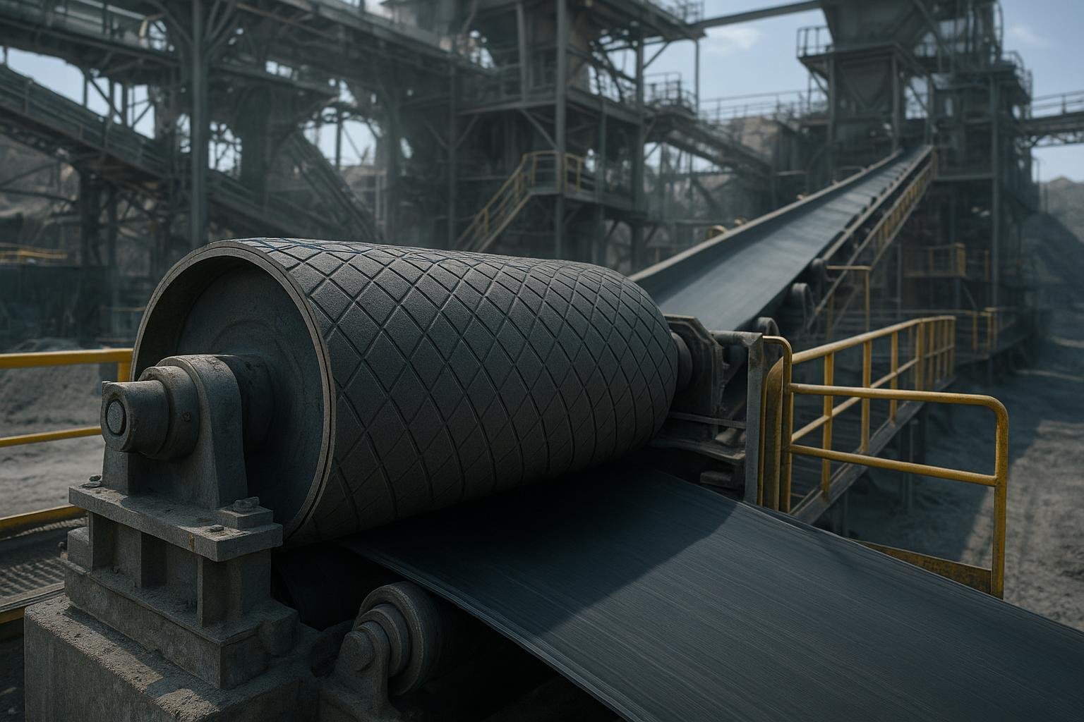 Head pulley and conveyor belt at a heavy-duty quarry conveyor system