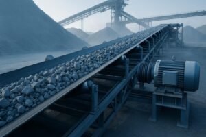 Overland belt conveyor with troughing idlers transporting crushed stone at an industrial site