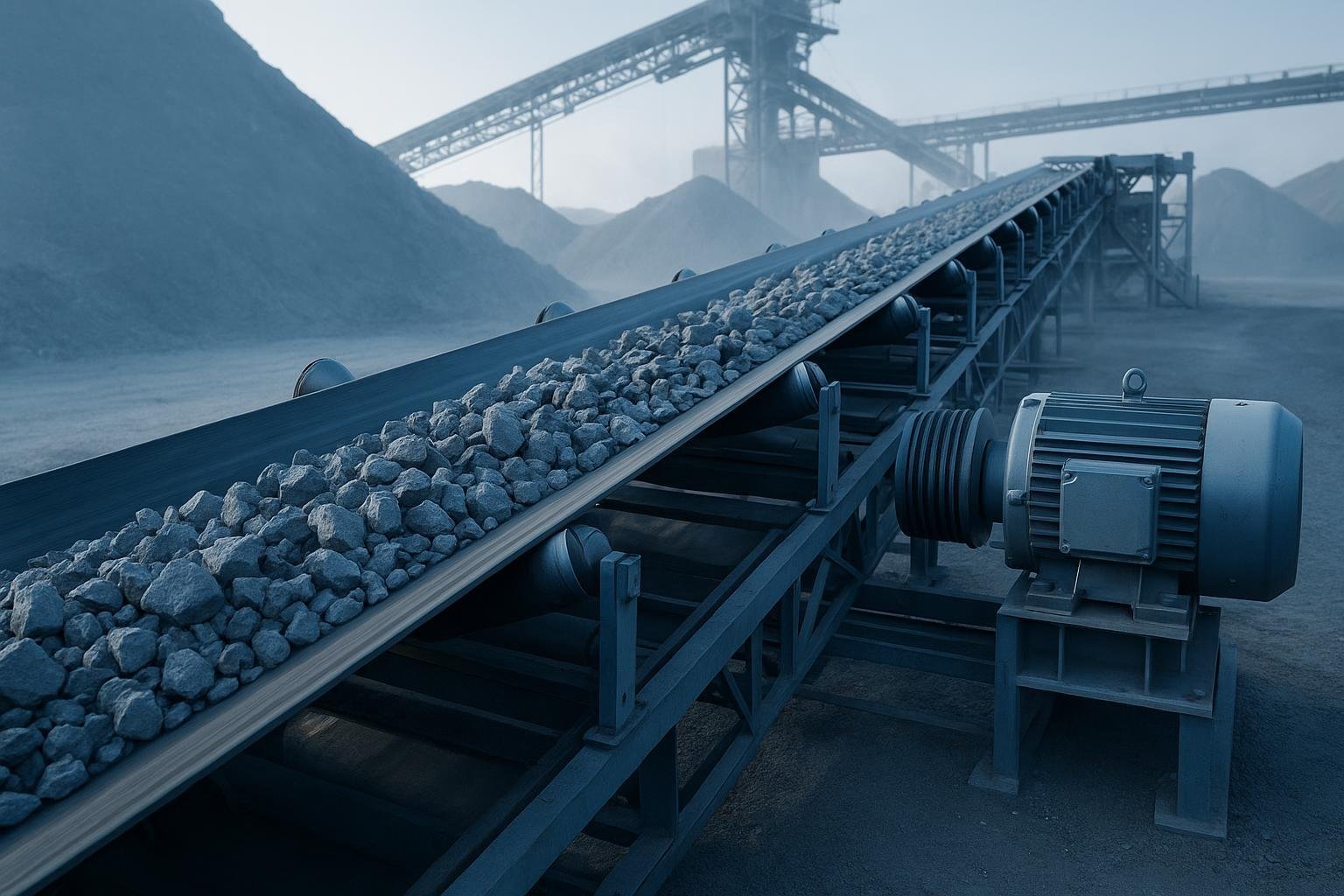 Overland belt conveyor with troughing idlers transporting crushed stone at an industrial site
