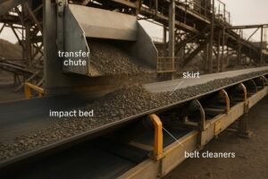 Industrial conveyor transfer point with impact bed, skirt sealing, and belt cleaners labeled