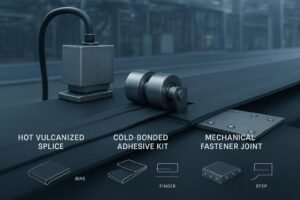 Cover image comparing conveyor belt splice types: hot vulcanized, cold-bonded, and mechanical fasteners with bias, finger, and step geometries.