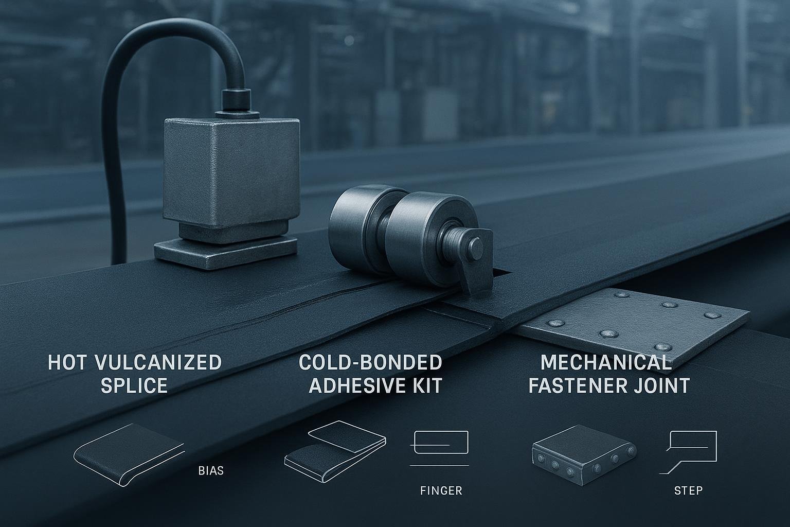 Cover image comparing conveyor belt splice types: hot vulcanized, cold-bonded, and mechanical fasteners with bias, finger, and step geometries.