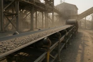 Industrial conveyor belt with idlers and head pulley in a quarry, illustrating belt tracking.