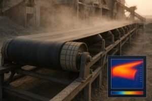 Conveyor head pulley and belt with thermal overlay showing temperature gradient