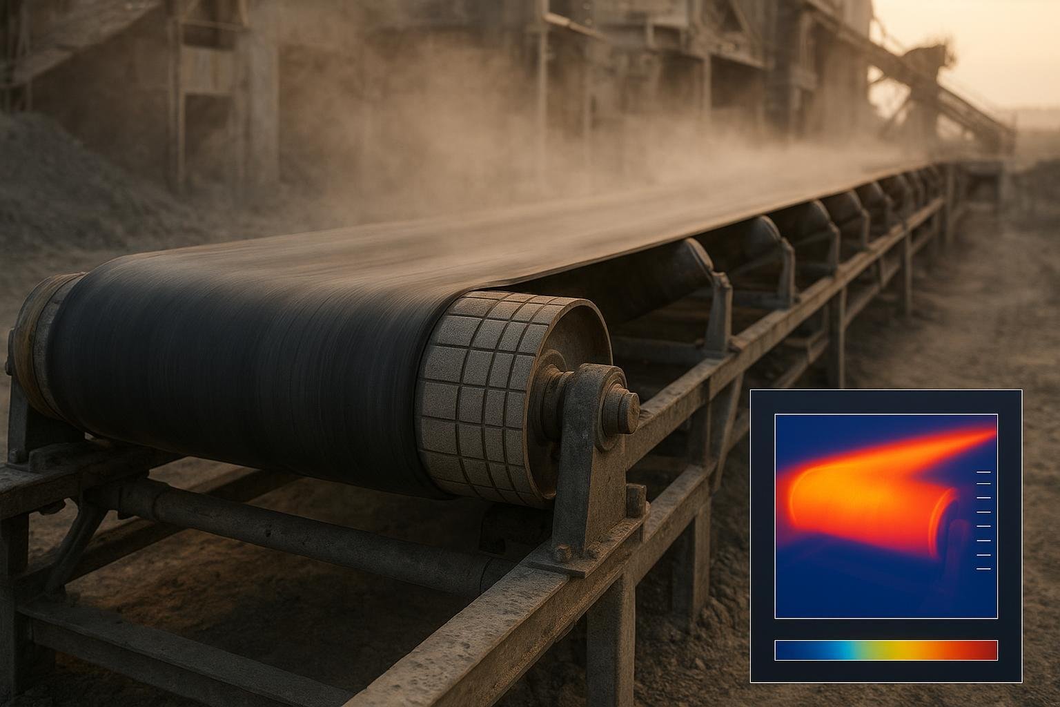 Conveyor head pulley and belt with thermal overlay showing temperature gradient