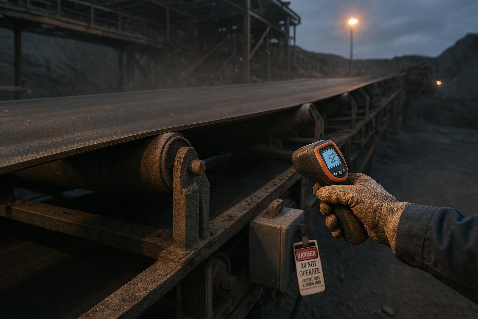 Technician inspecting a stopped conveyor idler with an IR thermometer during vibration troubleshooting in a quarry.