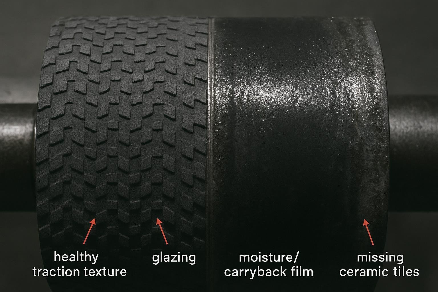 Schematic of belt slip detection using pulley and belt speed sensors feeding an interlock controller