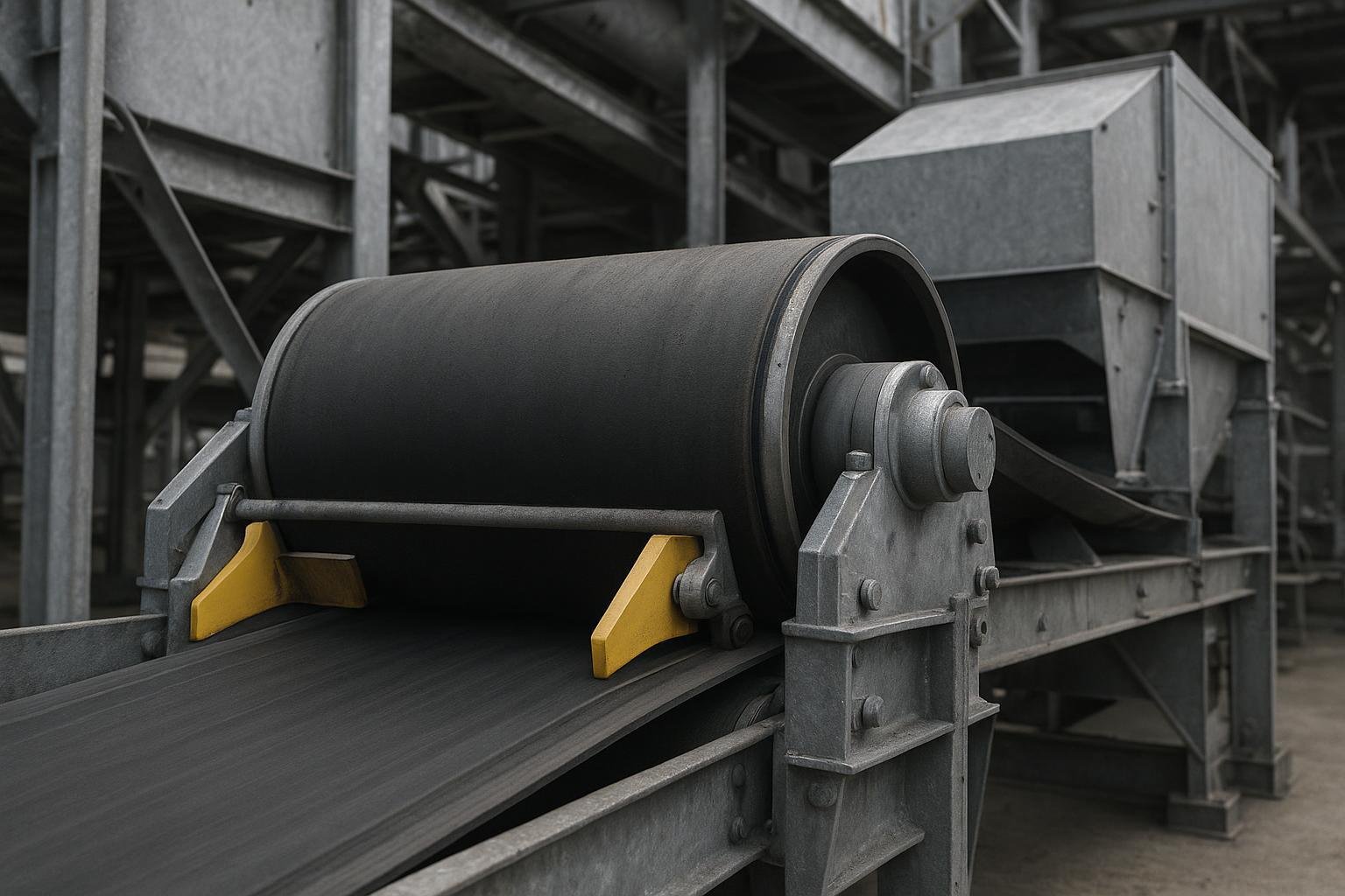 Conveyor head pulley with primary and secondary belt cleaners and a V-plow on the return strand