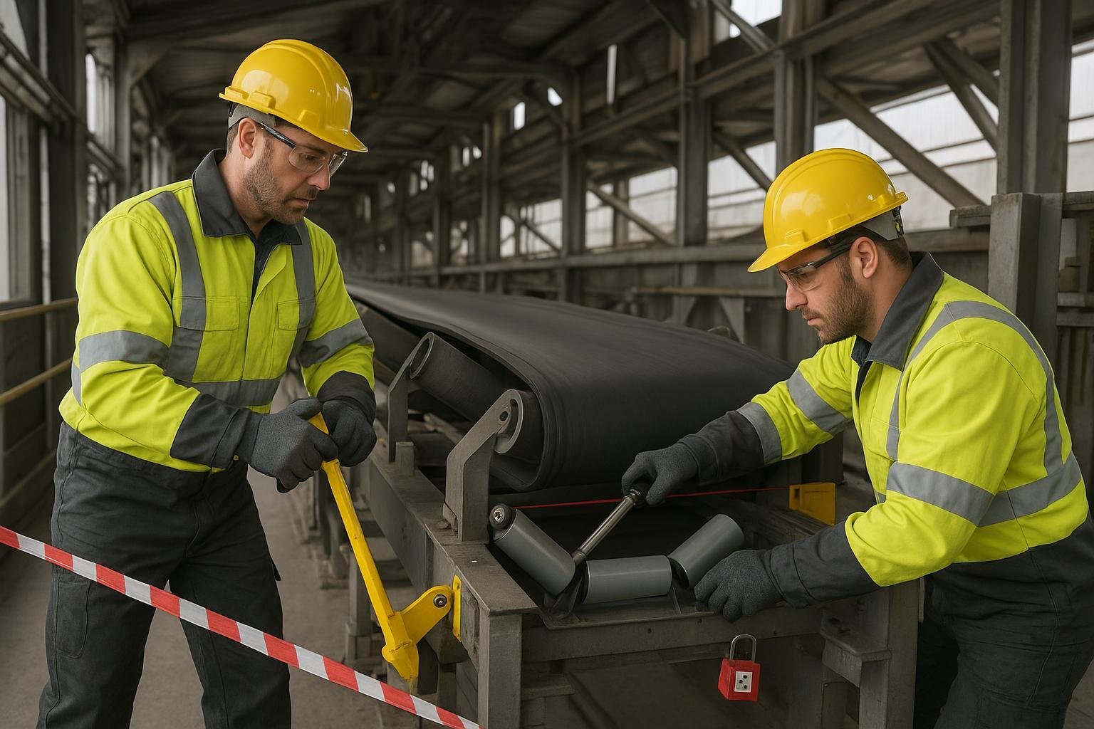 Technicians replacing a conveyor idler set using a belt lifter and torque wrench under LOTO controls