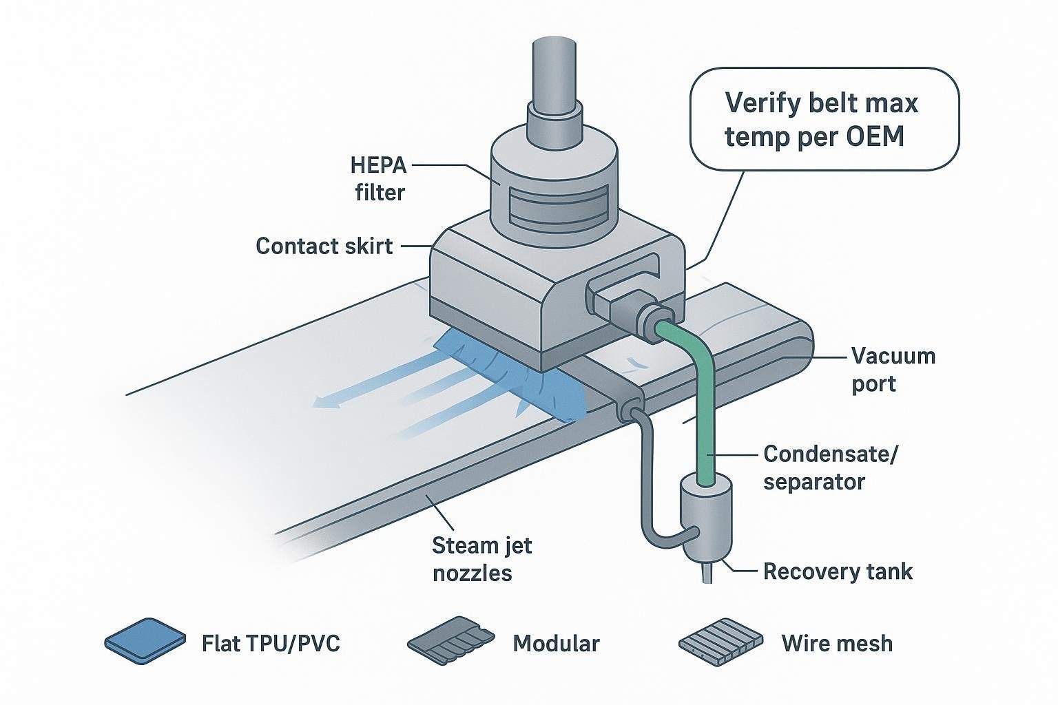 Schematic of a dry steam belt cleaner with vacuum capture operating on a food conveyor