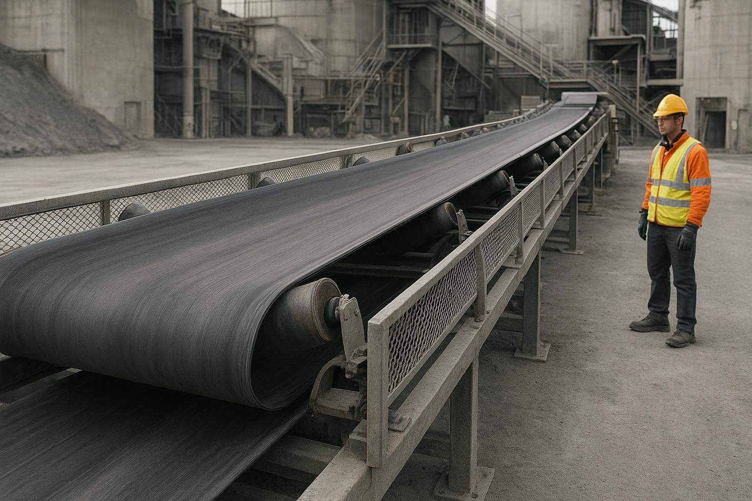 Maintenance technician observing a conveyor belt run for mistracking near idlers in an industrial plant