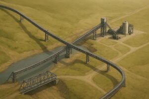 Overland conveyor route across varied terrain with truss bridge and transfer towers in plan-profile view