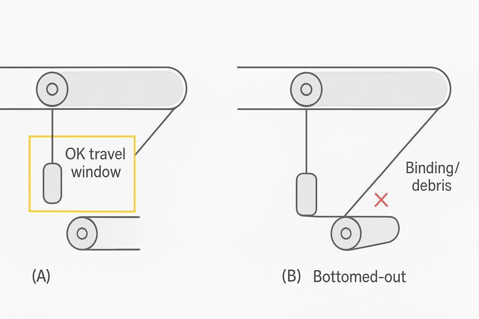 Diagram showing gravity take-up in acceptable travel window versus bottomed-out condition