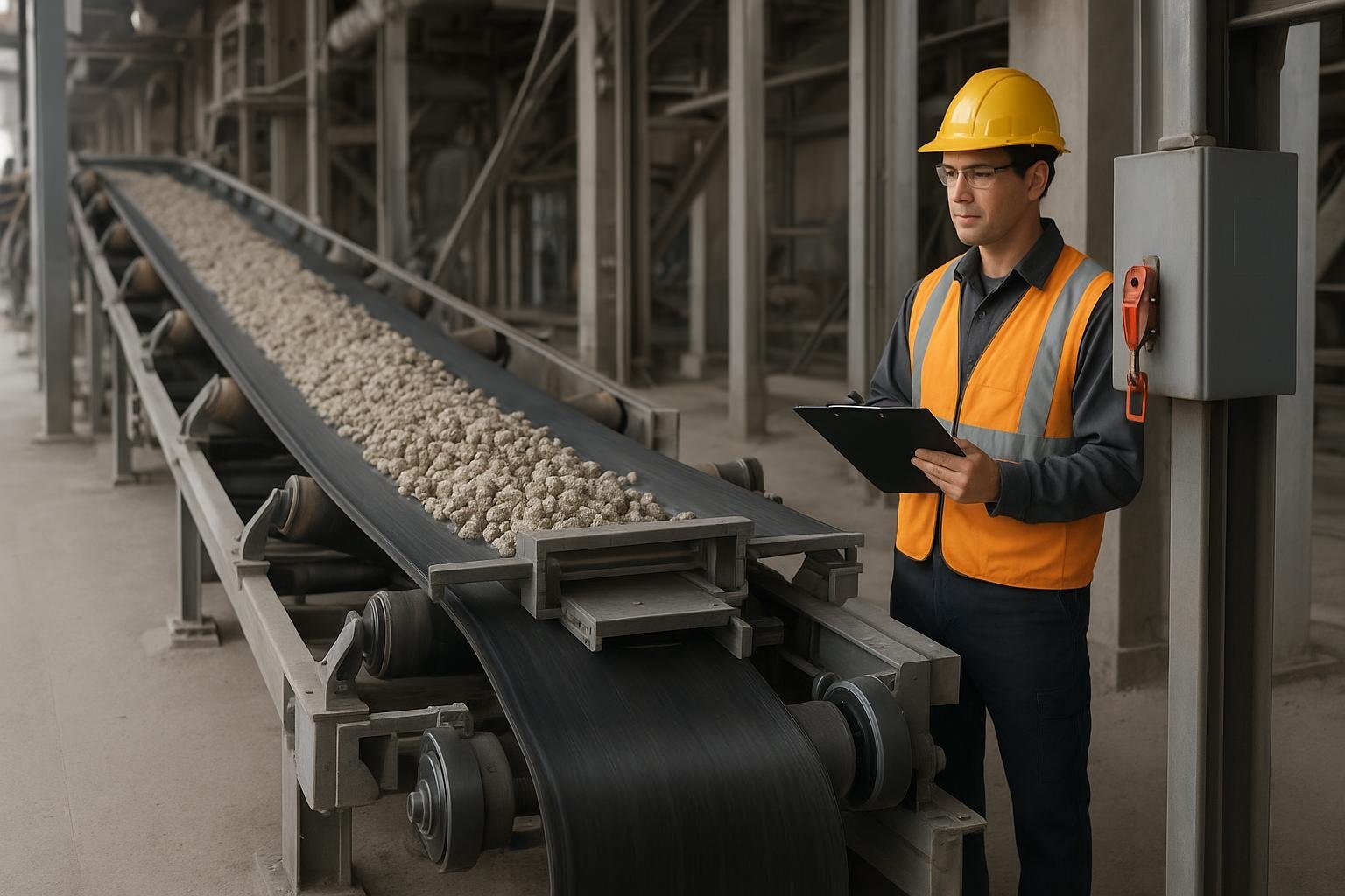 Technician performing conveyor belt calibration check at weighbridge with speed encoder and LOTO hasp visible