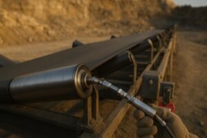 Technician greasing conveyor idler rollers with visible seals and lockout tag in a dusty quarry