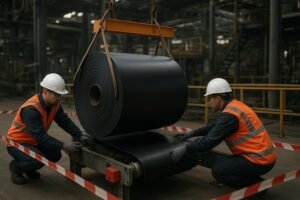 Technicians safely installing a conveyor belt with rigging, PPE, and pull‑cord e‑stop in an industrial plant