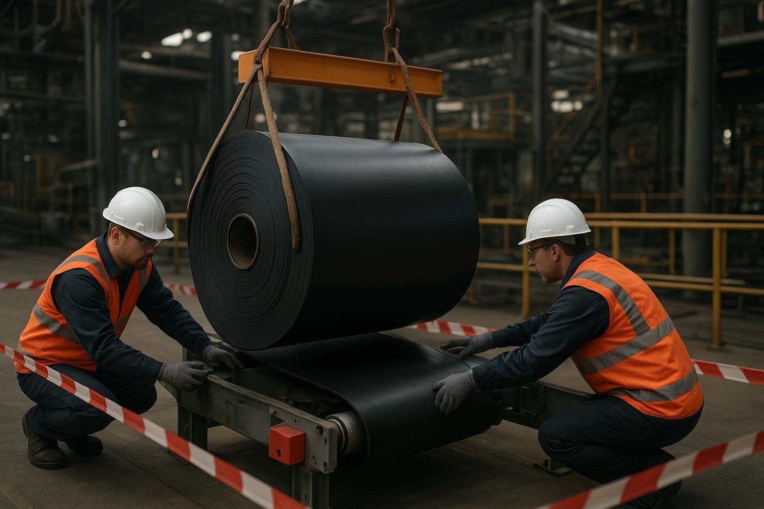 Technicians safely installing a conveyor belt with rigging, PPE, and pull‑cord e‑stop in an industrial plant