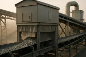 Enclosed conveyor transfer point with dust control enclosure, skirting, and baghouse ducting