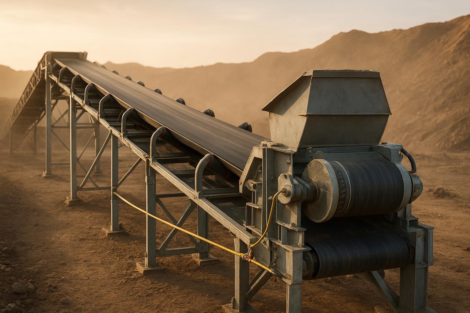 Photo-realistic image of a heavy-duty belt conveyor with idlers, guarding, and head pulley in a mining setting.