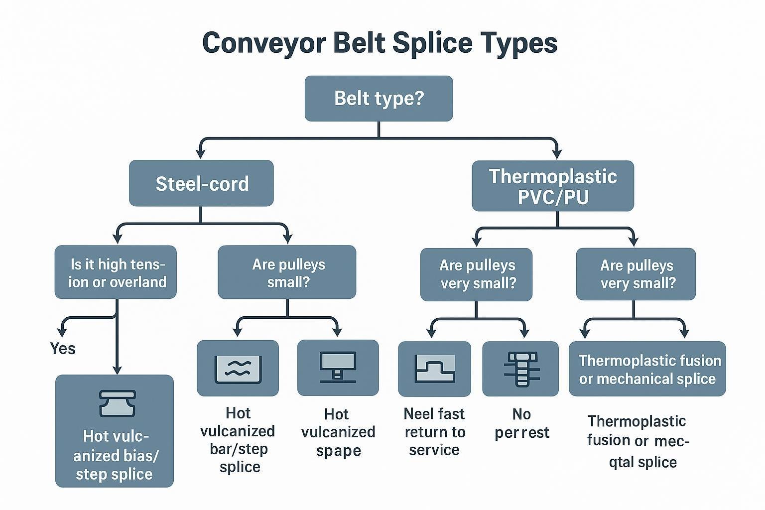 Decision tree for choosing conveyor belt splice types by belt type, tension, pulley diameter, downtime, and environment.