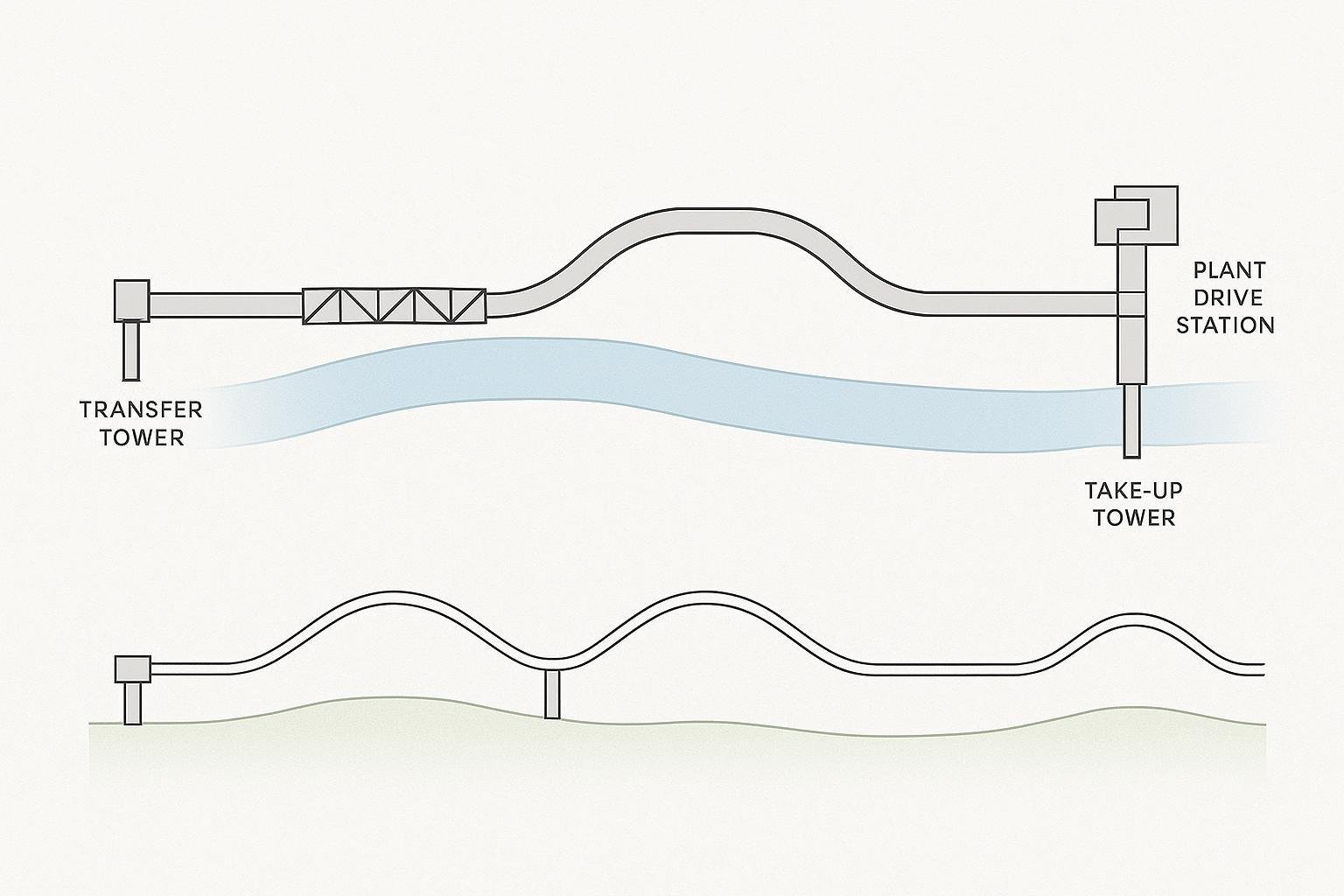 Plan and profile sketch of a conveyor route with curve, bridge crossing, and stations