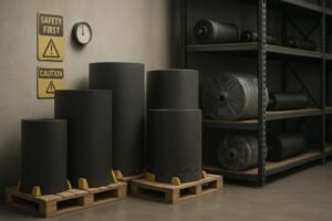 Conveyor belts stored upright on pallets with chocks in a dry indoor warehouse; idlers and a wrapped pulley on racks.