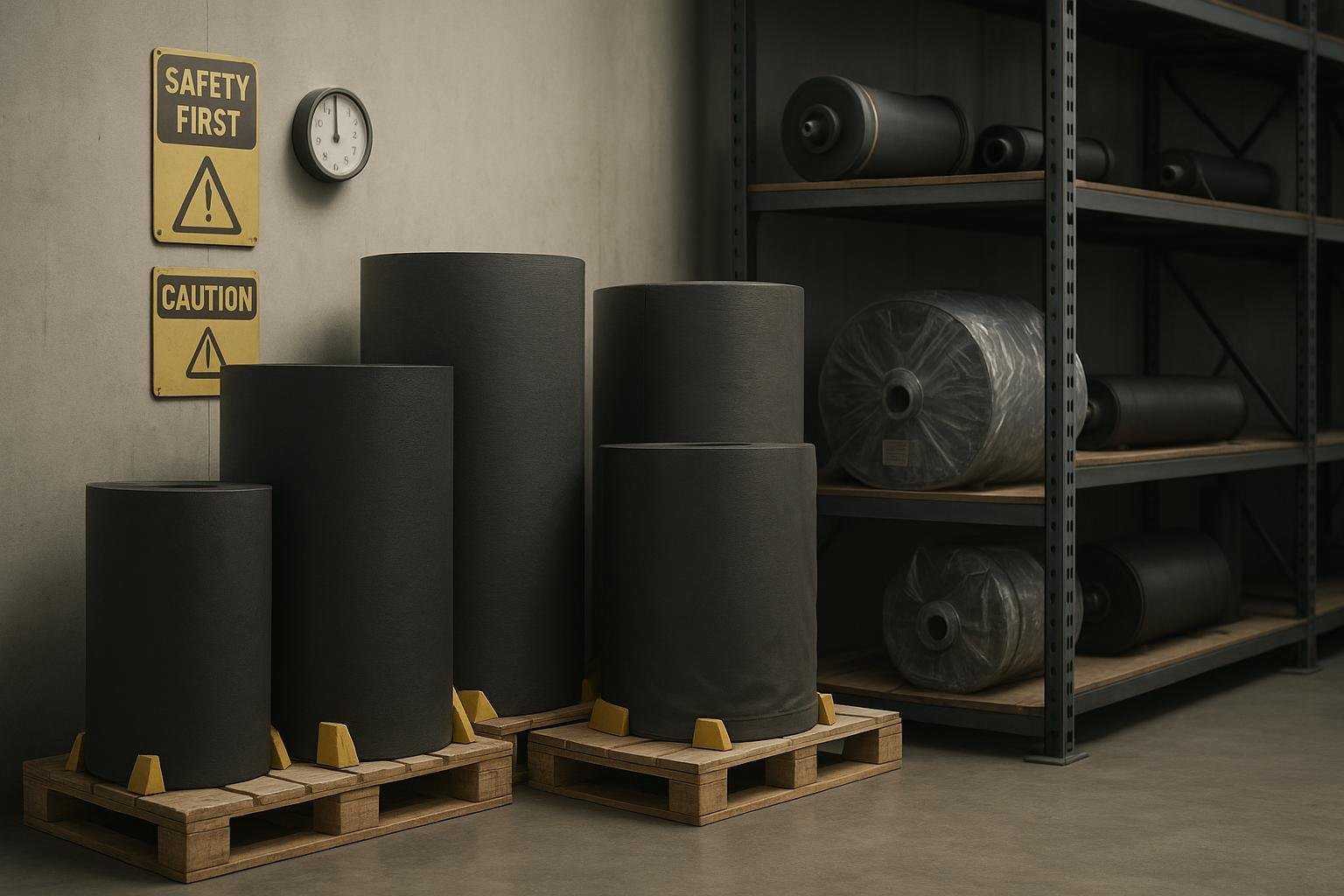 Conveyor belts stored upright on pallets with chocks in a dry indoor warehouse; idlers and a wrapped pulley on racks.