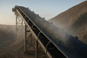 Inclined troughed belt conveyor carrying aggregate uphill with skirt sealing visible