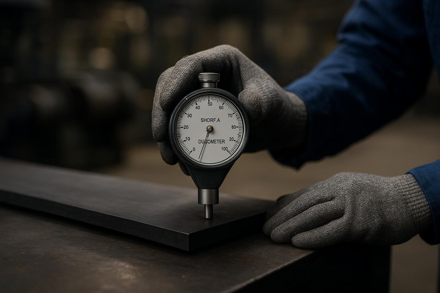 Technician using a Shore A durometer to test conveyor belt hardness on a steel backing plate