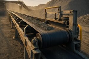 Overland conveyor belt with idlers and head pulley cleaner in a mining site at sunset