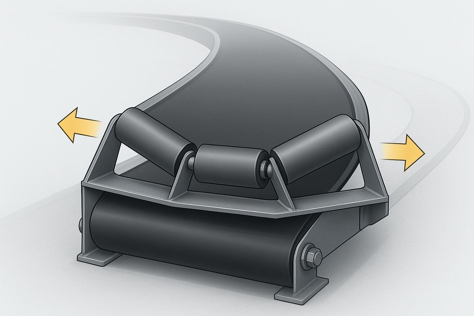 Illustration of banked idlers on a curved conveyor showing superelevation concept