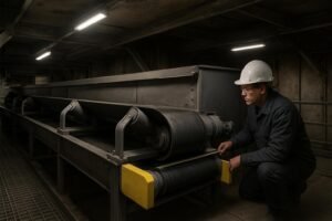 Compact conveyor installed under low headroom with motorized pulley and low-profile idlers in a tight plant space