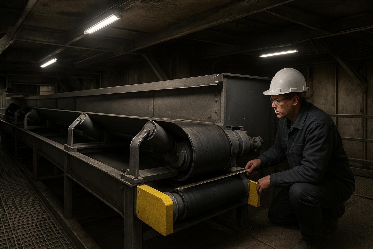 Compact conveyor installed under low headroom with motorized pulley and low-profile idlers in a tight plant space