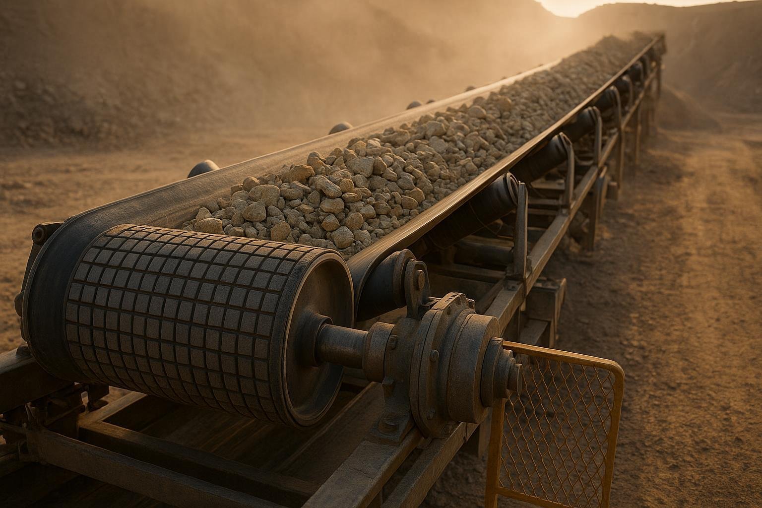 Heavy-duty conveyor belt with idlers and ceramic-lagged drive pulley in a quarry
