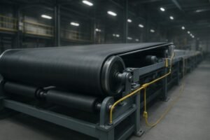 Upgraded factory conveyor system with new idlers, sealed skirting, and ceramic-lagged drive pulley