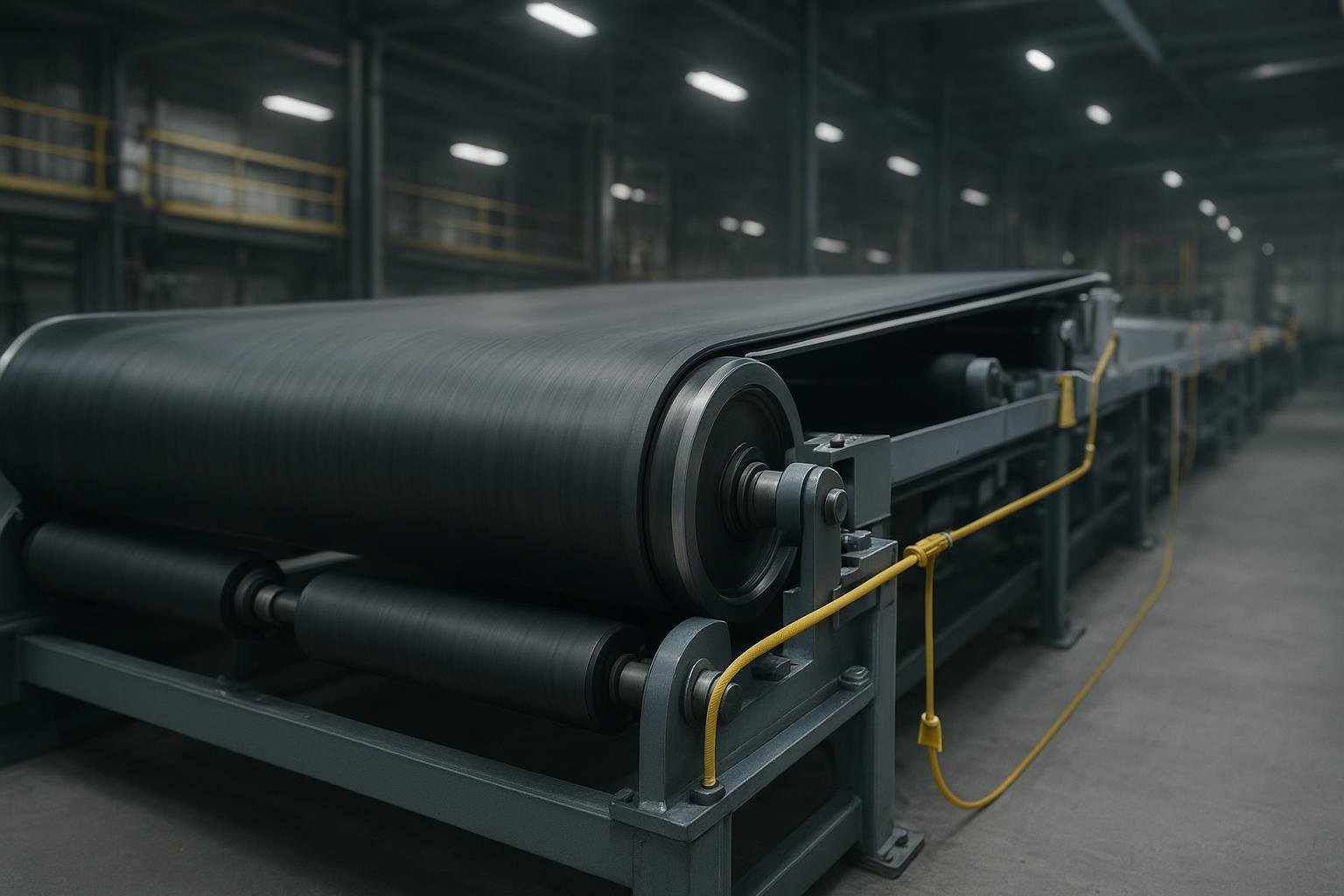 Upgraded factory conveyor system with new idlers, sealed skirting, and ceramic-lagged drive pulley