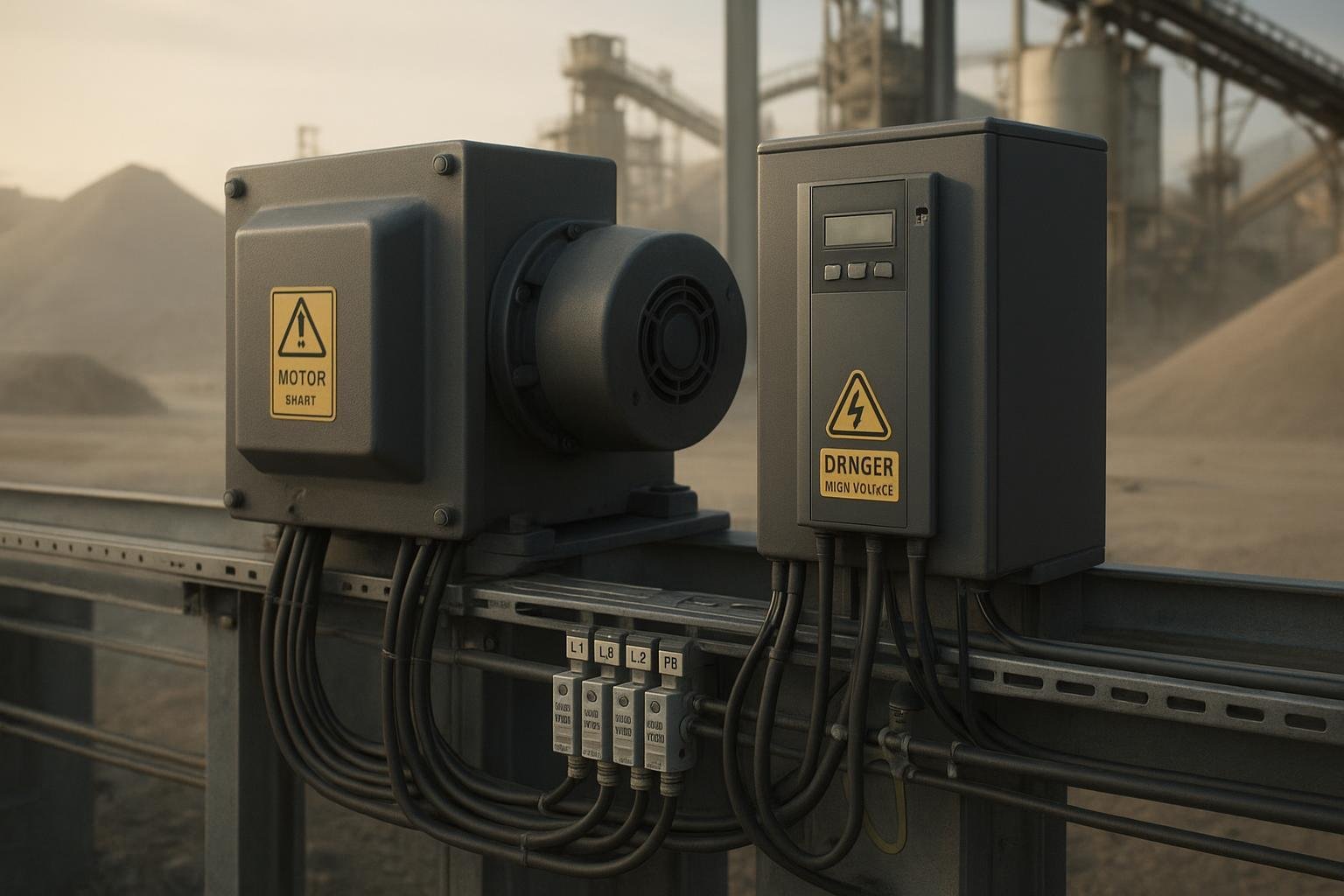 Motorized conveyor with VFD cabinet, grounded shields, and surge protection in an industrial plant