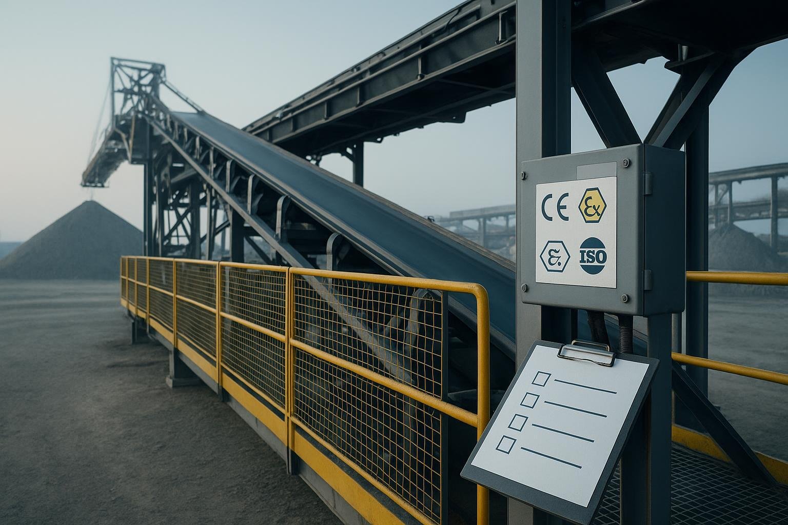 Heavy-duty conveyor with safety guarding and compliance icons in an industrial terminal