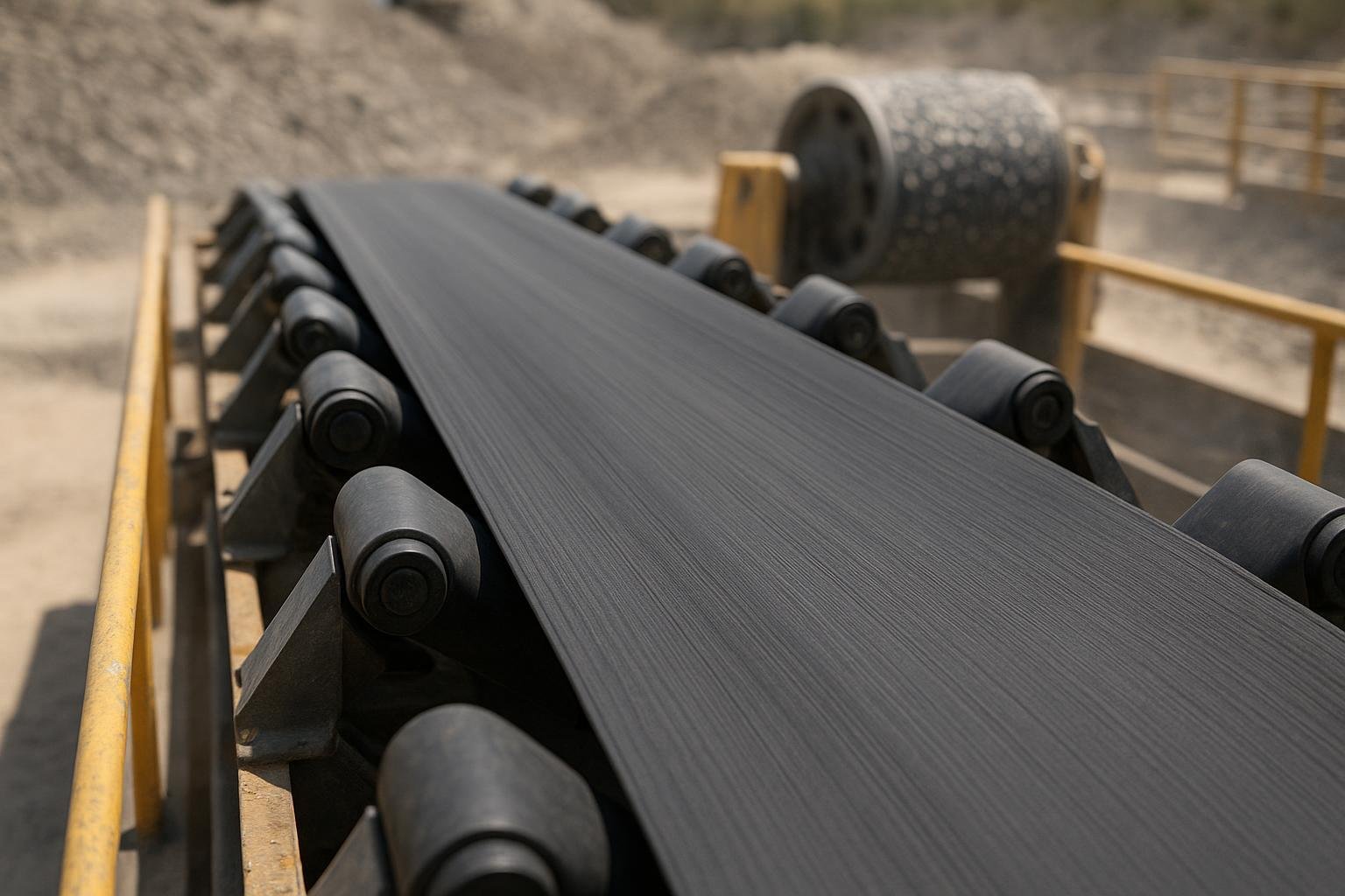 Close-up of a well-maintained industrial conveyor belt with troughing idlers in a quarry, no visible cracks
