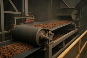 Primary and secondary conveyor belt scrapers installed at a head pulley in an industrial plant
