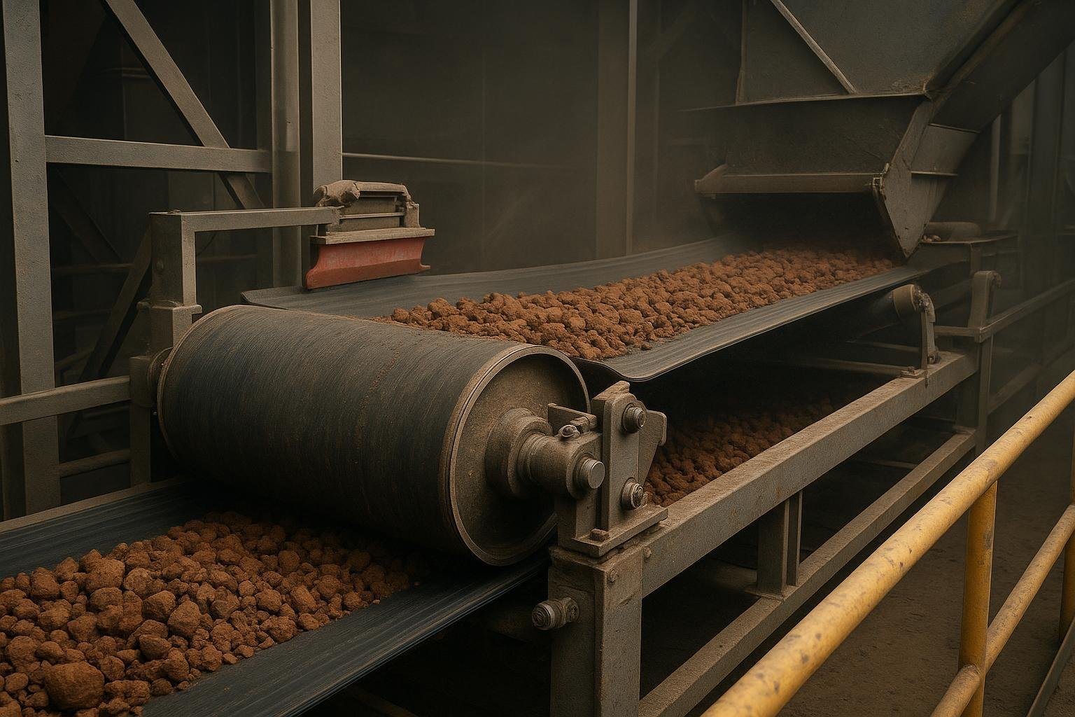 Primary and secondary conveyor belt scrapers installed at a head pulley in an industrial plant