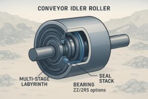 Exploded cross-section of a conveyor idler roller end showing dust-proof seal stack elements