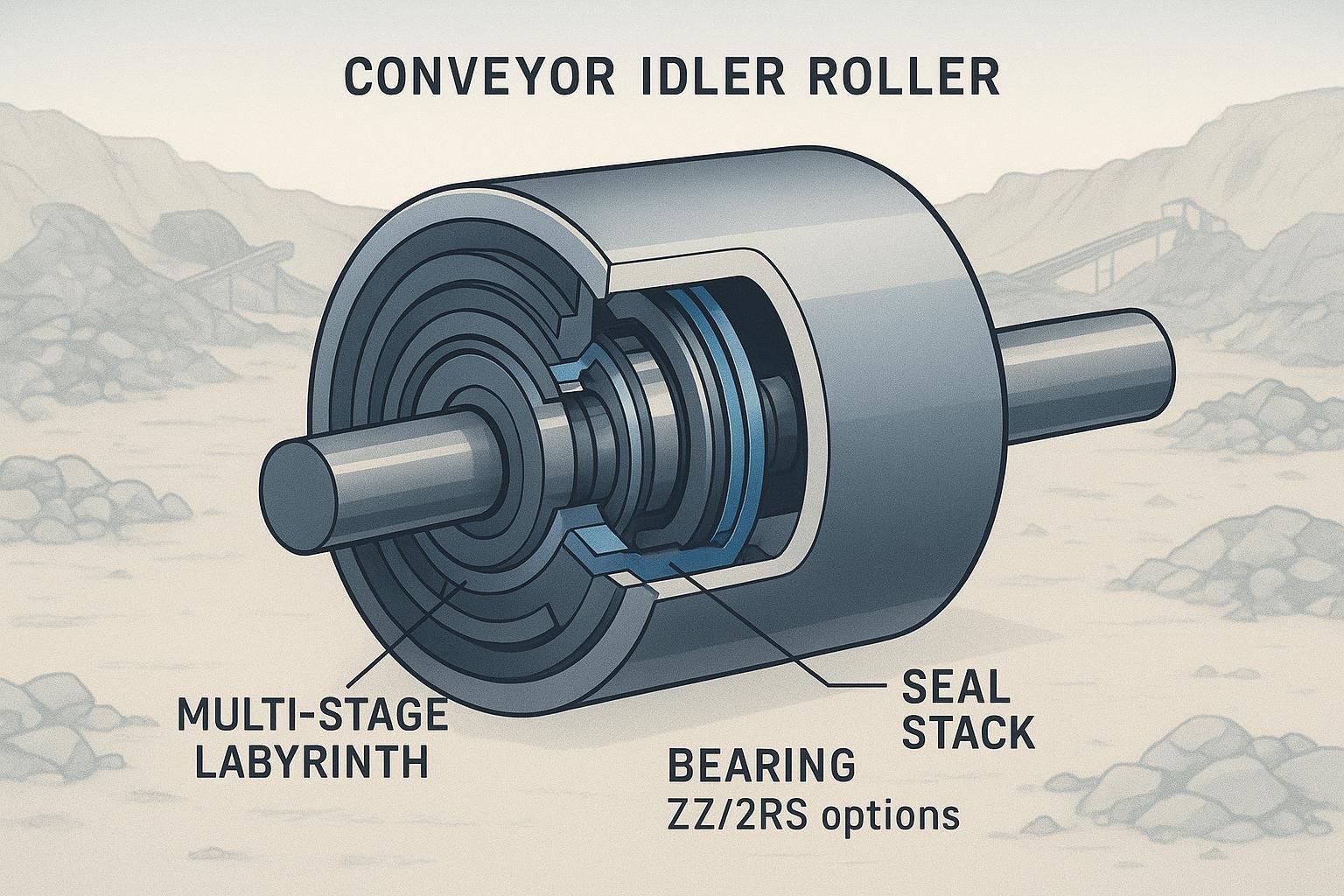 Exploded cross-section of a conveyor idler roller end showing dust-proof seal stack elements