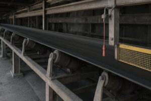 Belt conveyor with troughing idlers and return rollers in an industrial plant