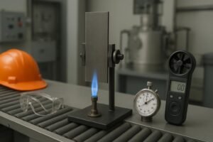 Conveyor belt fire test specimen clamped before a small gas burner in a lab with timing and airflow instruments