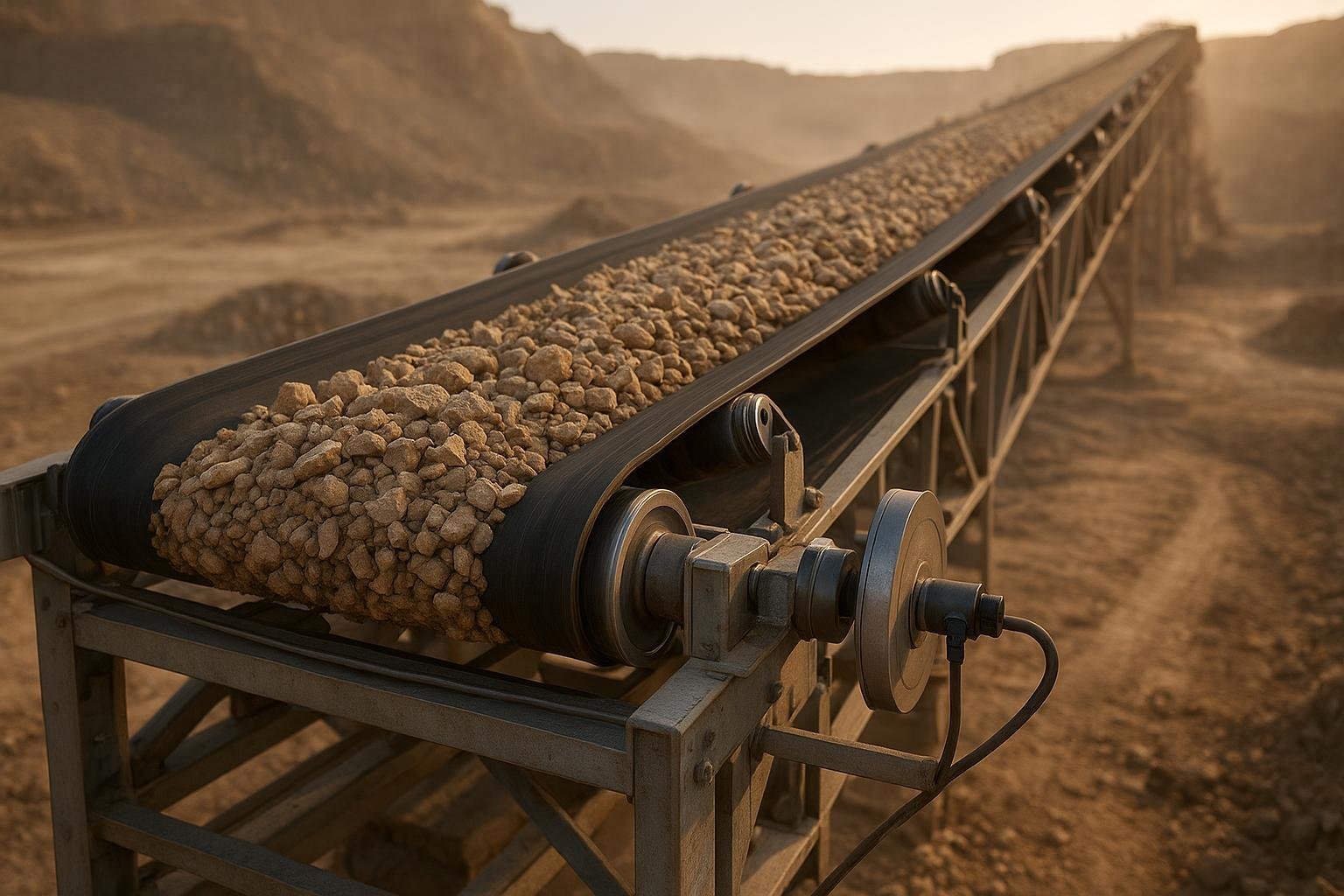 Conveyor belt with weigh section and speed sensor in a quarry at sunrise