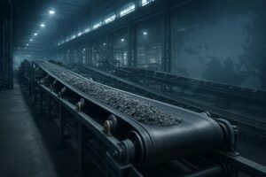 Cover: modern Asian factory with bulk-material conveyor lines and a faint Asia map silhouette